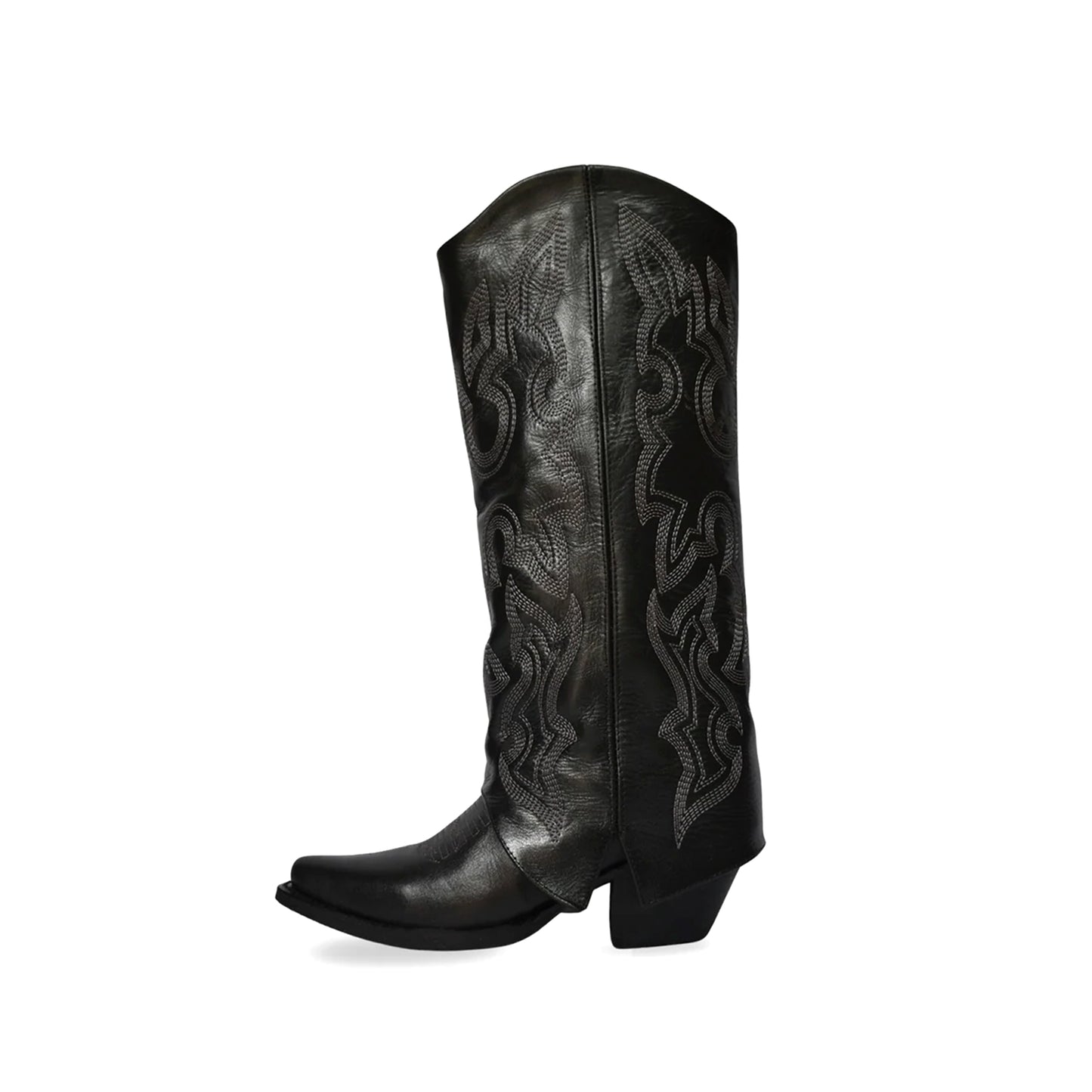Black Snip-Toe Embroidery Fold-Over Wide Calf Knee High Cowgirl Boots