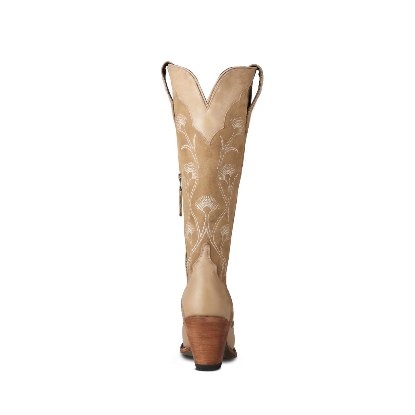 Sand Contrast Faux Suede And Vegan Leather Snip-Toe Floral Embroidery Half-Zip Knee High Cowgirl Boots