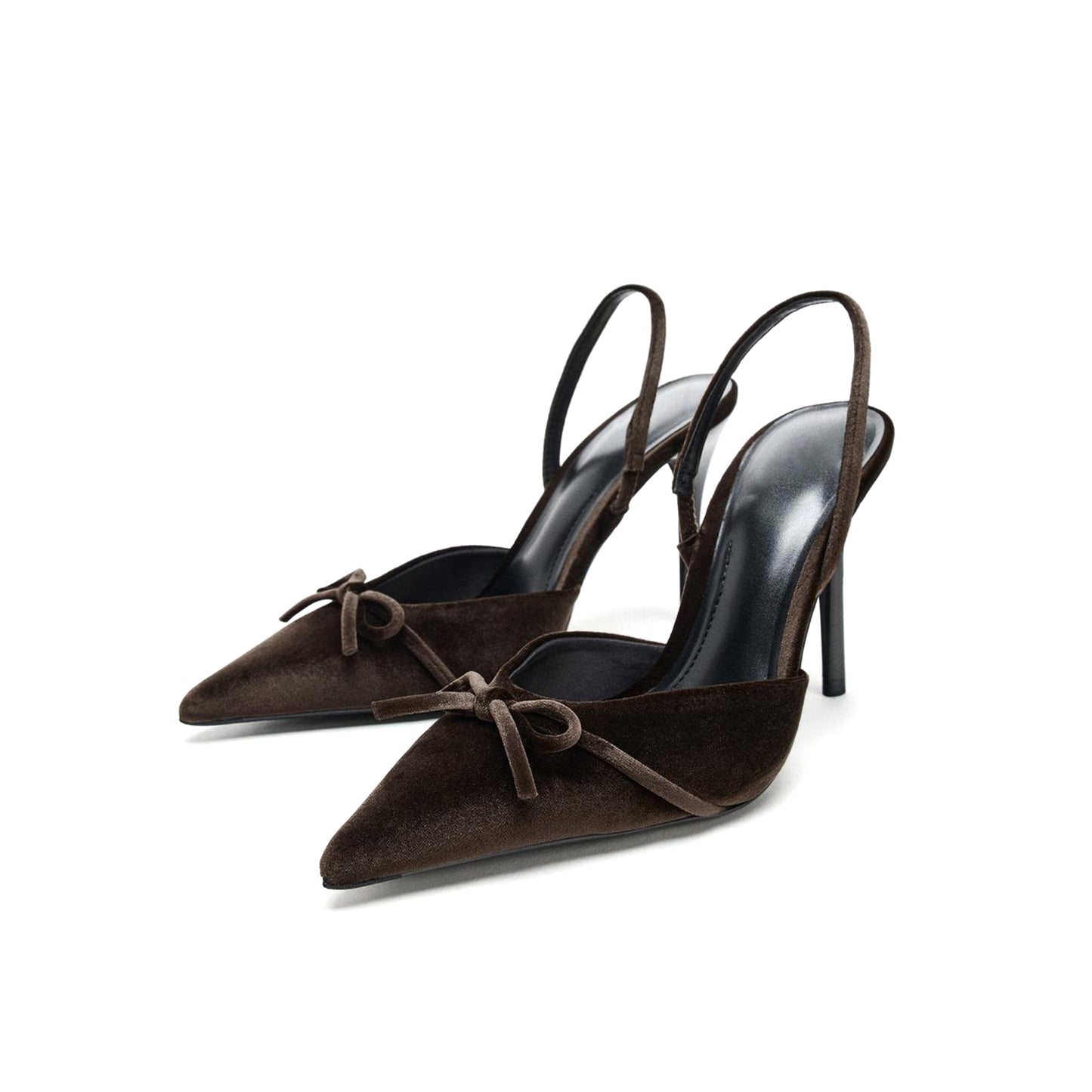 Brown Velvet Pointed-Toe Front Bow Slingback High Heels