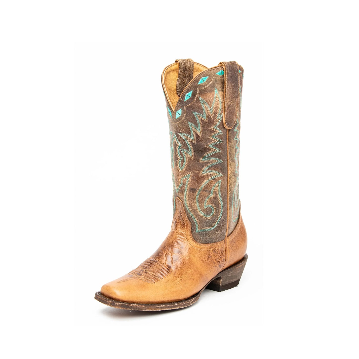 Distressed Contrast Brown And Tan Square-Toe Embroidery Mid Calf Cowgirl Boots