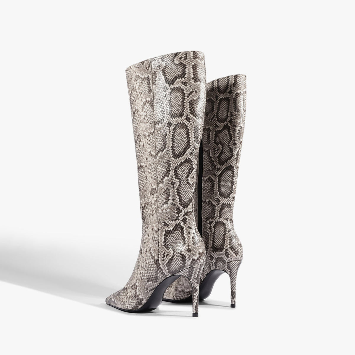 Chic Pointed-Toe Simple Full-Zip Sleek Knee High Stiletto Boots - White Snakeskin Pattern