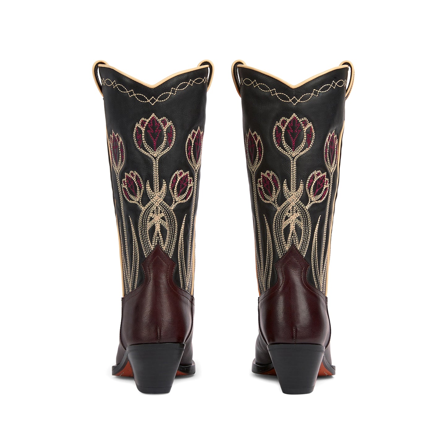 Black Snip-Toe Tulips Embroidery Mid Calf Cowgirl Boots