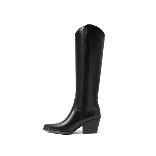 Black Pointed-Toe Half-Zip Knee High Cowgirl Boots