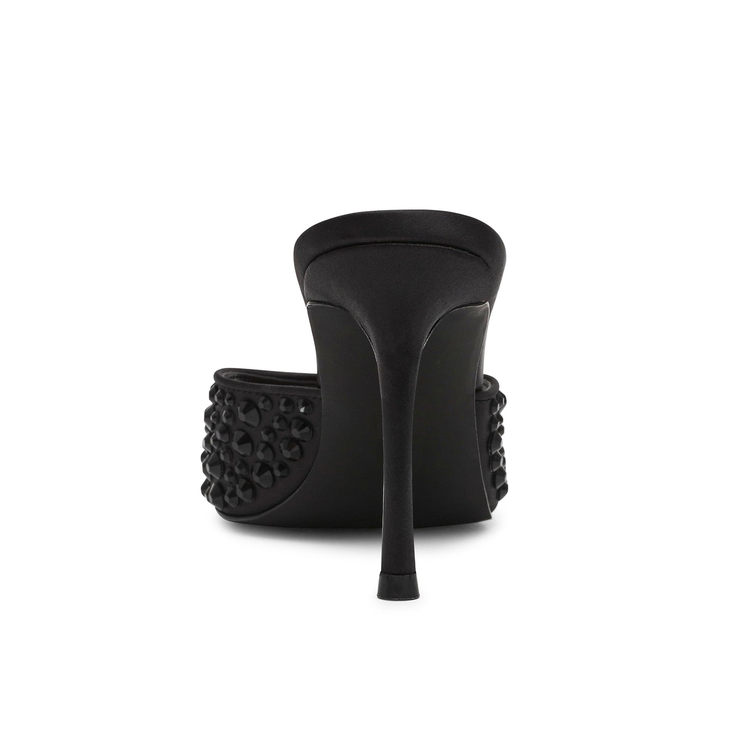 Black Satin Open Almond-Toe Rhinestone Backless High Heels