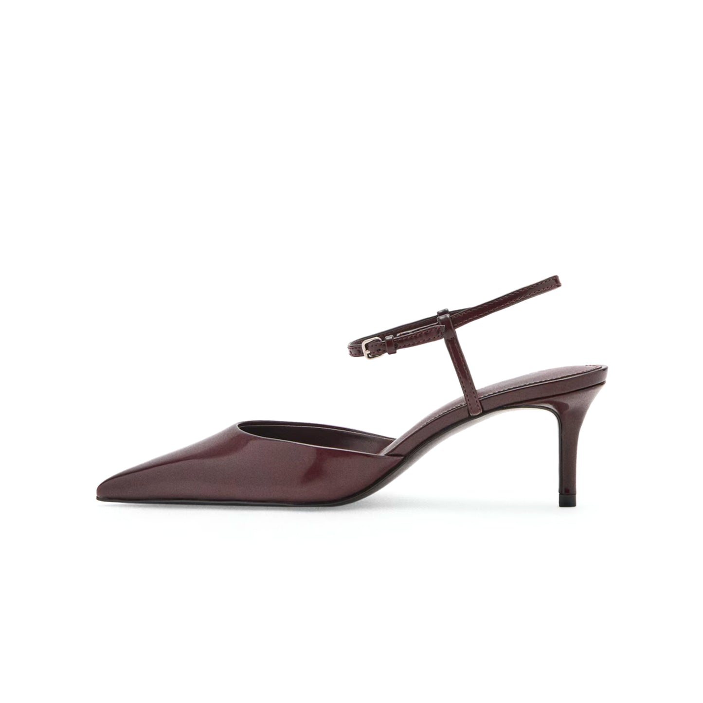 Patent Burgundy Pointed-Toe Ankle Strap Kitten Heels