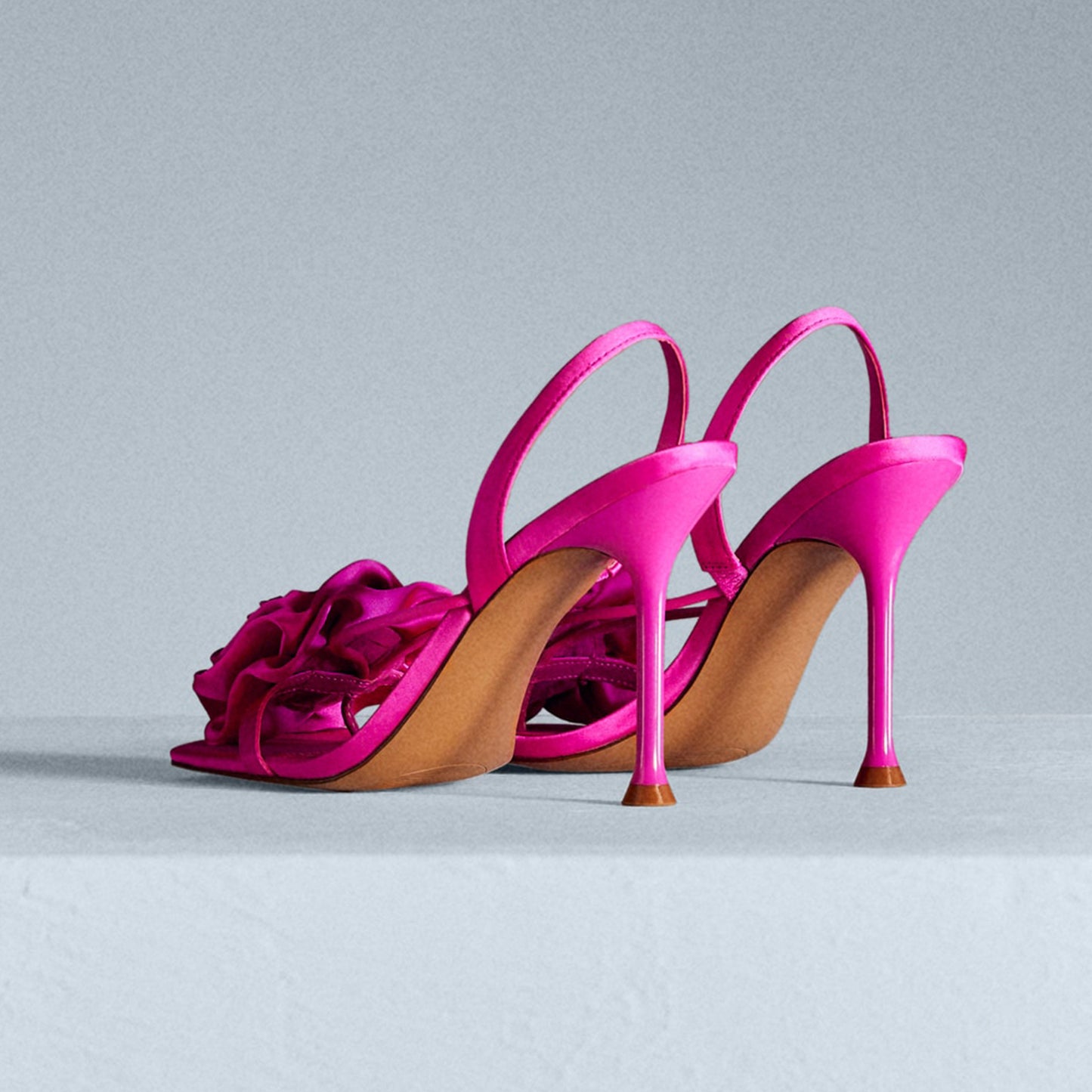 Fuchsia Satin Square-Toe Big Front Flower Slingback High Heels