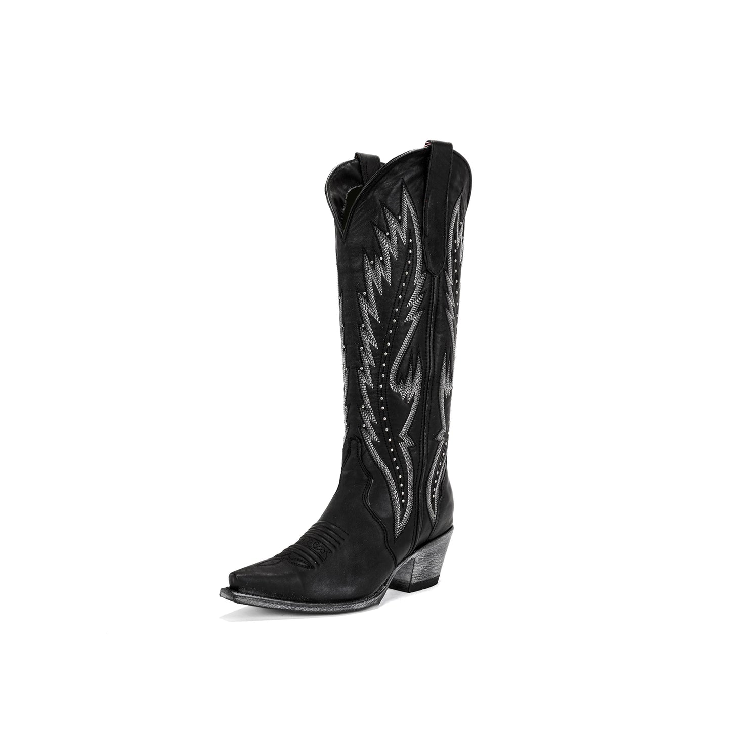 Black Snip-Toe Studs And Embroidery Wide Calf Knee High Cowgirl Boots