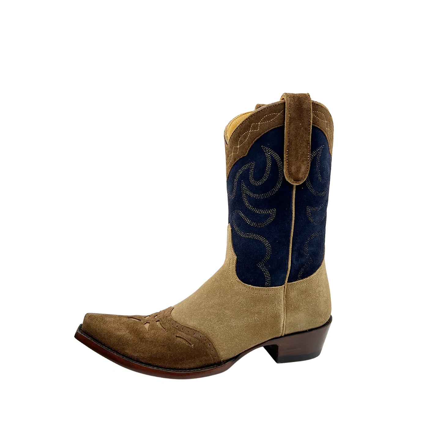 Contrast Tri-Color Faux Suede Snip-Toe Embroidery Mid Calf Cowgirl Boots