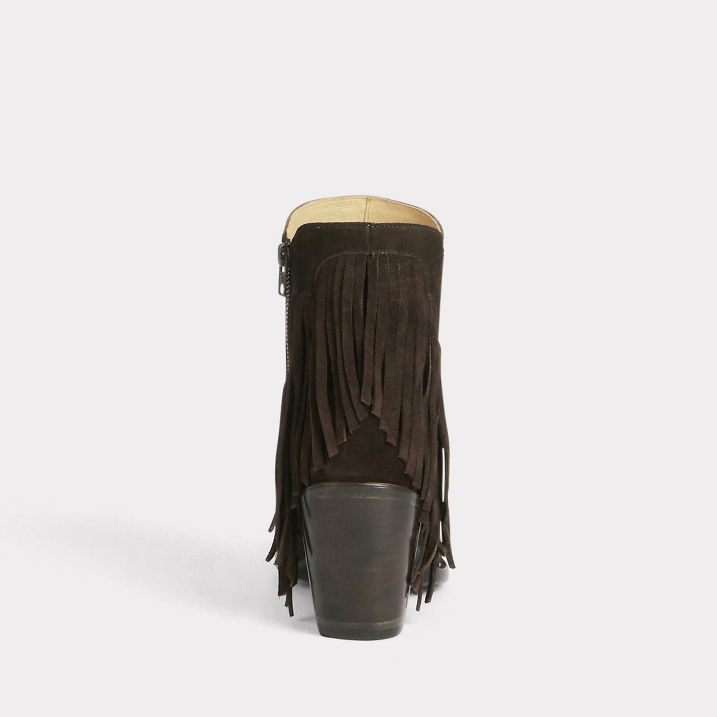 Chocolate Faux Suede Round-Toe Side Fringe Half-Zip Simple Ankle Cowgirl Boots