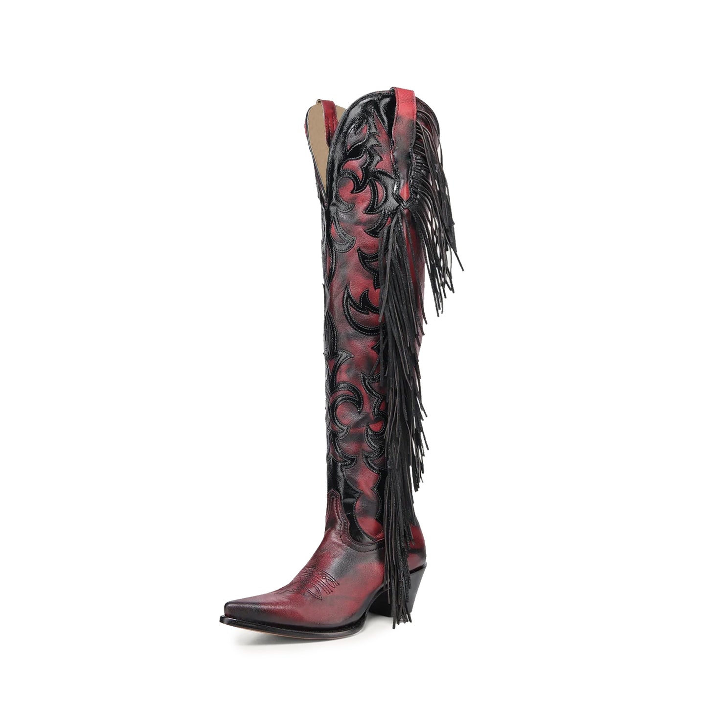 Contrast Black And Brown Pointed-Toe Embroidery Half-Zip Fringe Knee High Cowgirl Boots