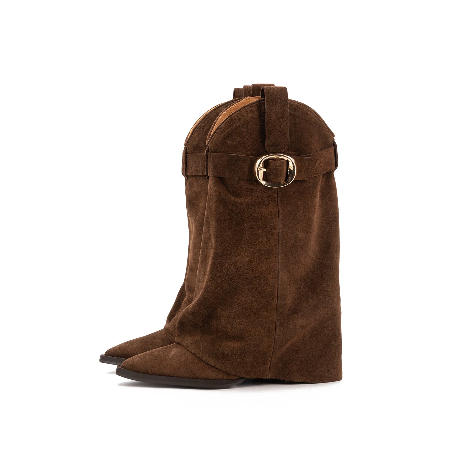 Brown Faux Suede Pointed-Toe Fold-Over Shaft Buckle Mid Calf Cowgirl Boots