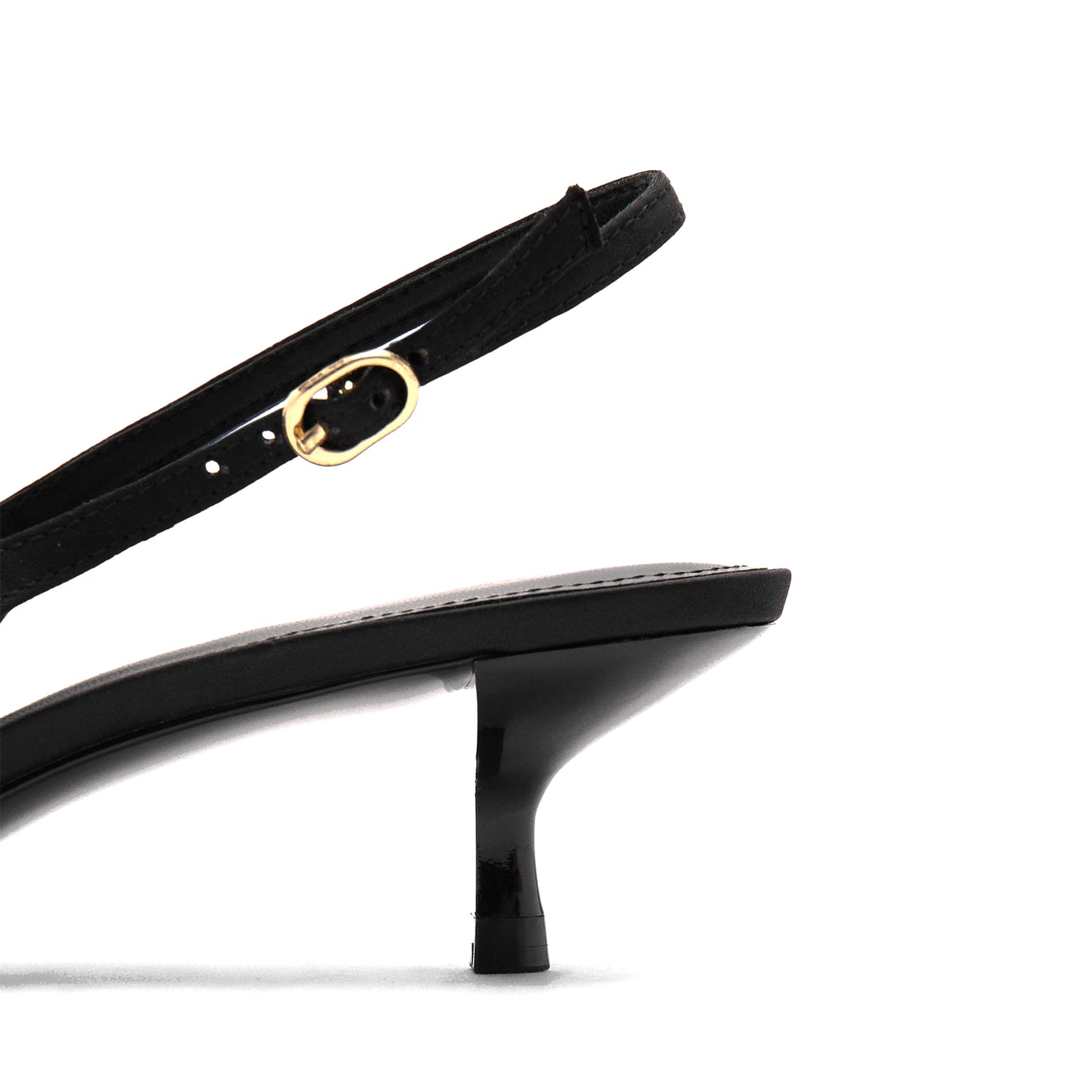 Black Satin Pointed-Toe Front Big Bow Buckle Slingback Kitten Heels