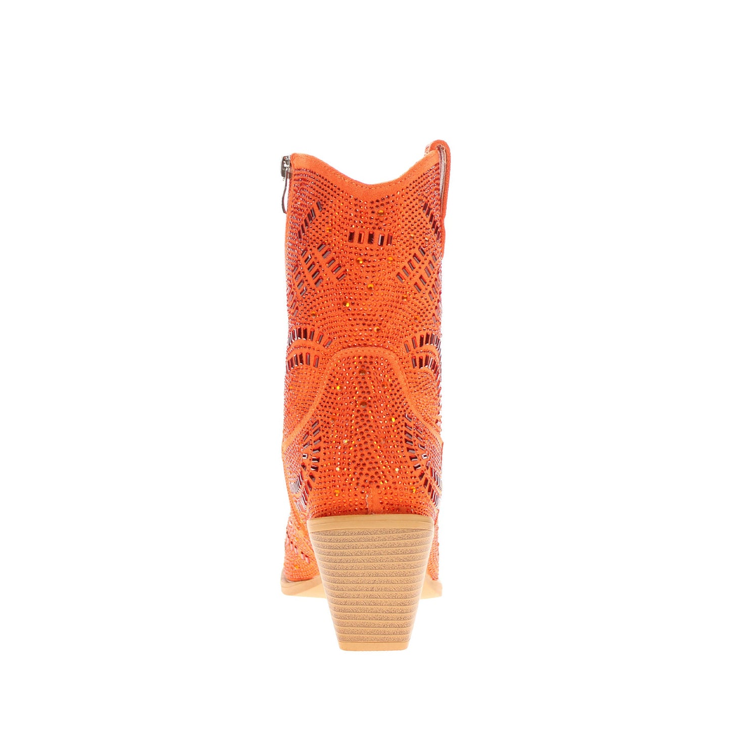 Orange Faux Suede Pointed-Toe Full Crystals Full-Zip Ankle Cowgirl Boots