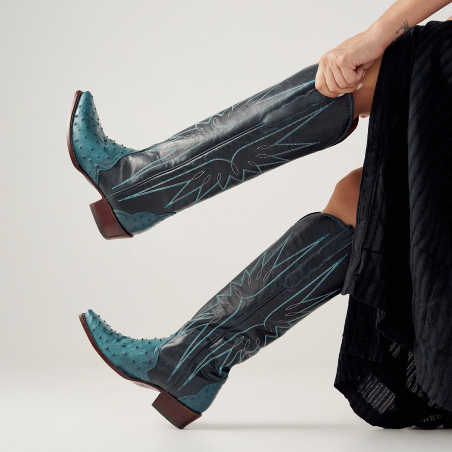 Azure Contrast Vegan Leather And Ostrich Print Snip-Toe Embroidery Wide Calf Knee High Cowgirl Boots