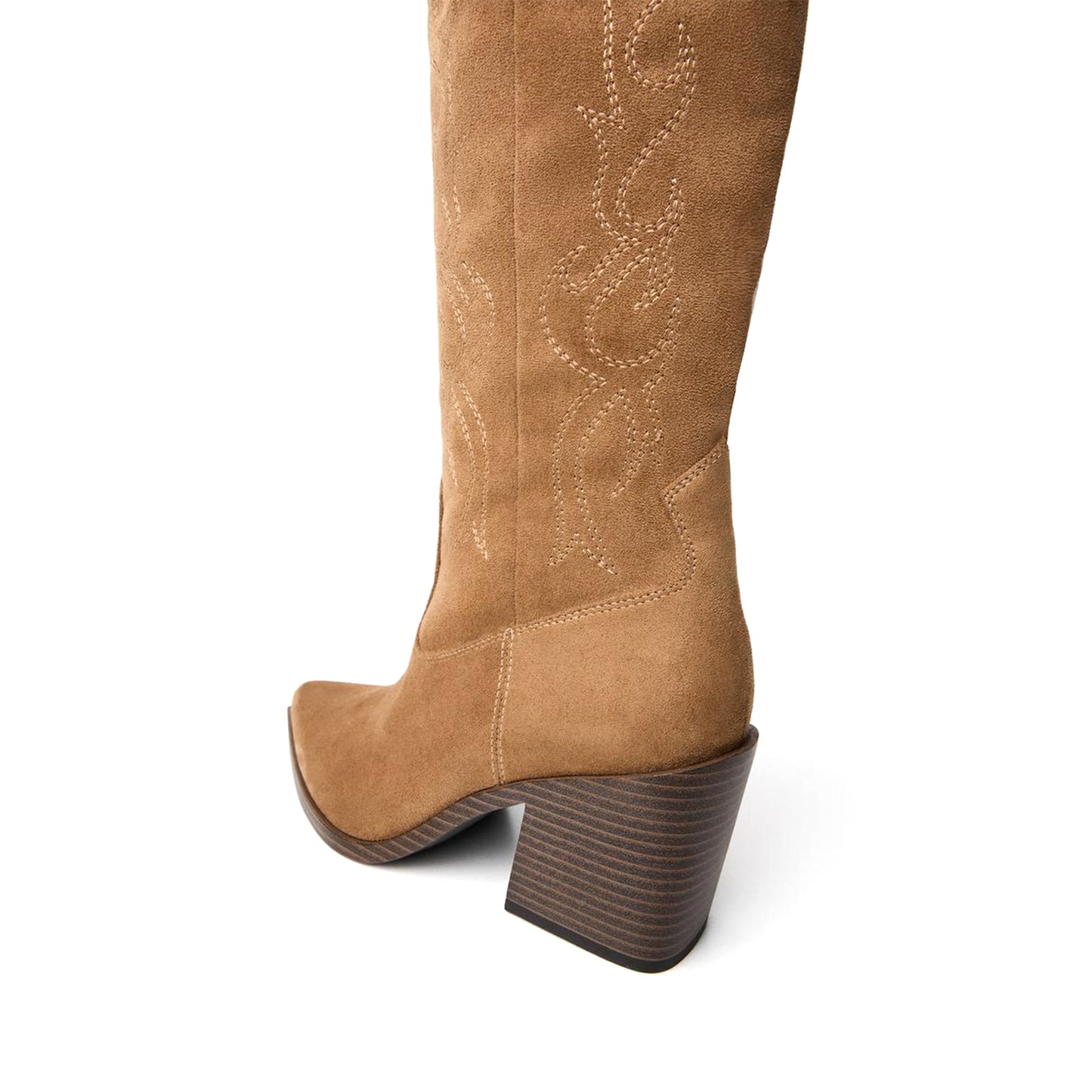 Sand Faux Suede Pointed-Toe Embroidery Mid Calf Cowgirl Boots