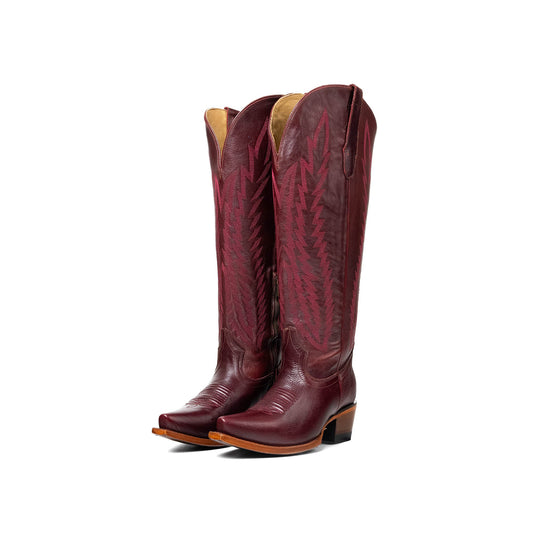 Wine Red Snip-Toe Classic Embroidery Half-Zip Knee High Cowgirl Boots