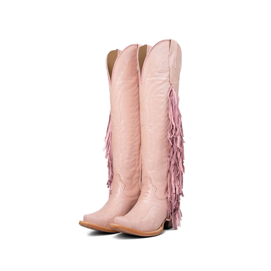 Pink Snip-Toe Embroidery Side Fringe Half-Zip Knee High Cowgirl Boots