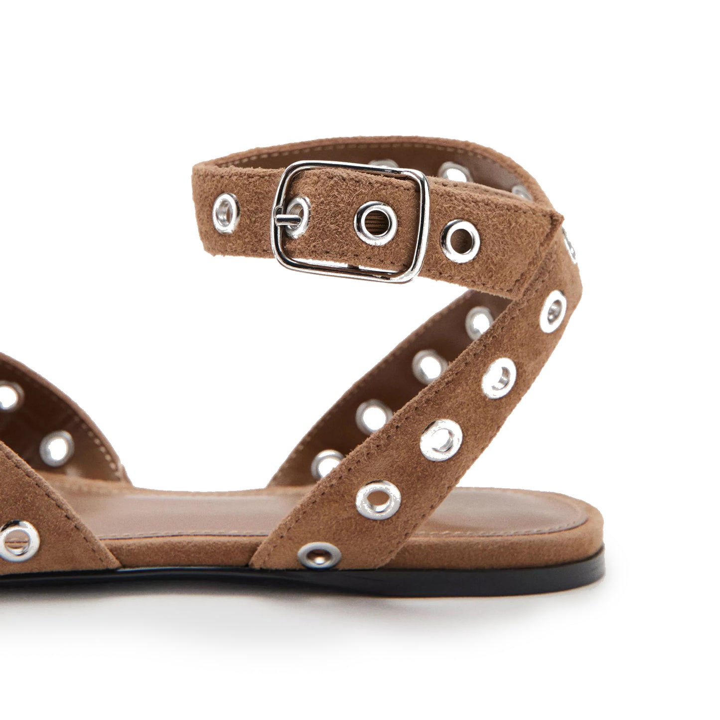 Brown Faux Suede Square-Toe Eyelets Flip-Flop Ankle Strap Flats