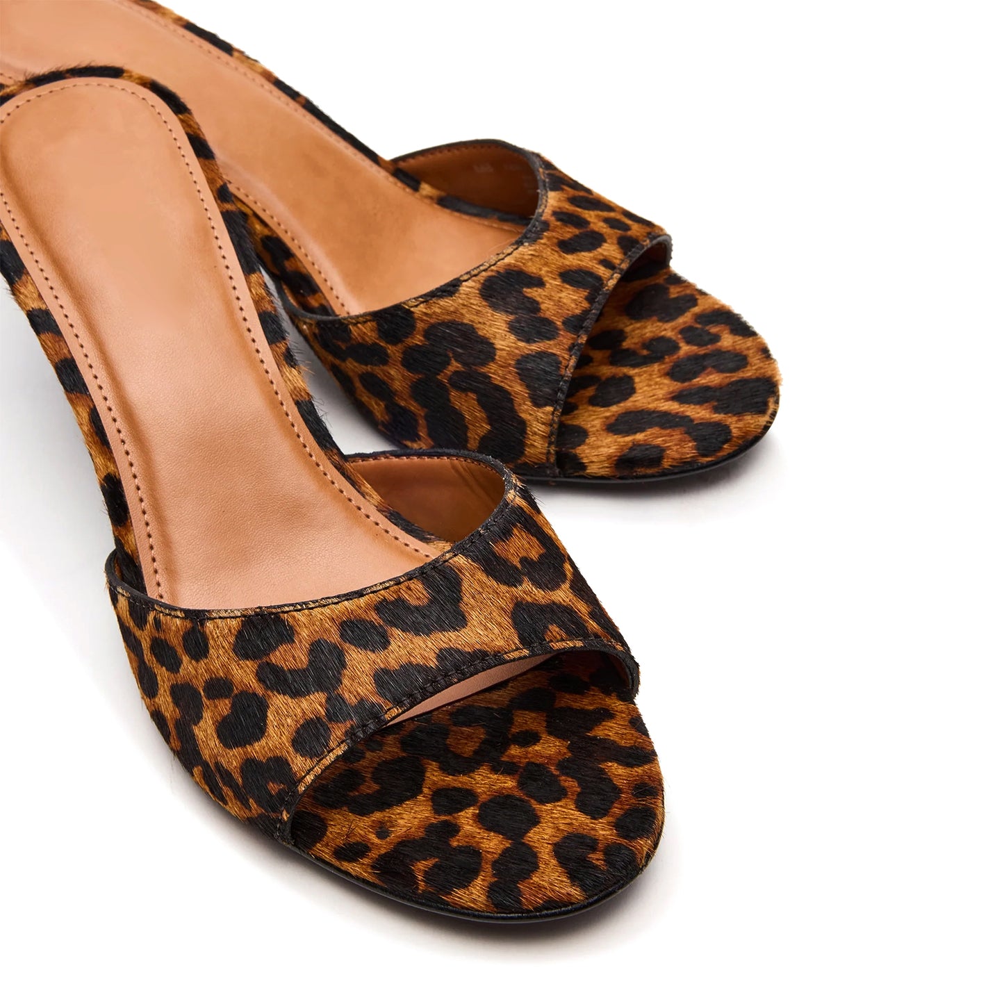 Leopard Pony Hair Round-Toe Slip-On Mule Kitten Heels