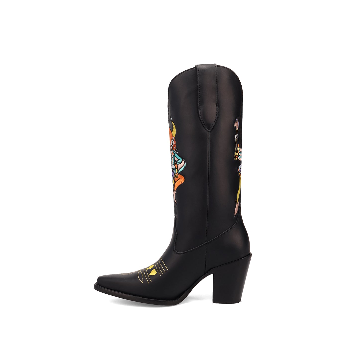 Black Snip-Toe Joker Embroidery Mid Calf Cowgirl Boots