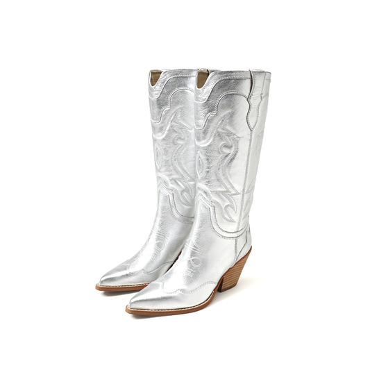 Metallic Silver Pointed-Toe Embroidery Wide Calf Knee High Cowgirl Boots