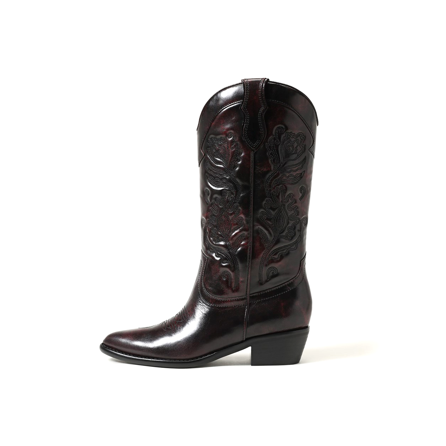 Wine Red Almond-Toe Flowers Embroidery Mid Calf Cowgirl Boots