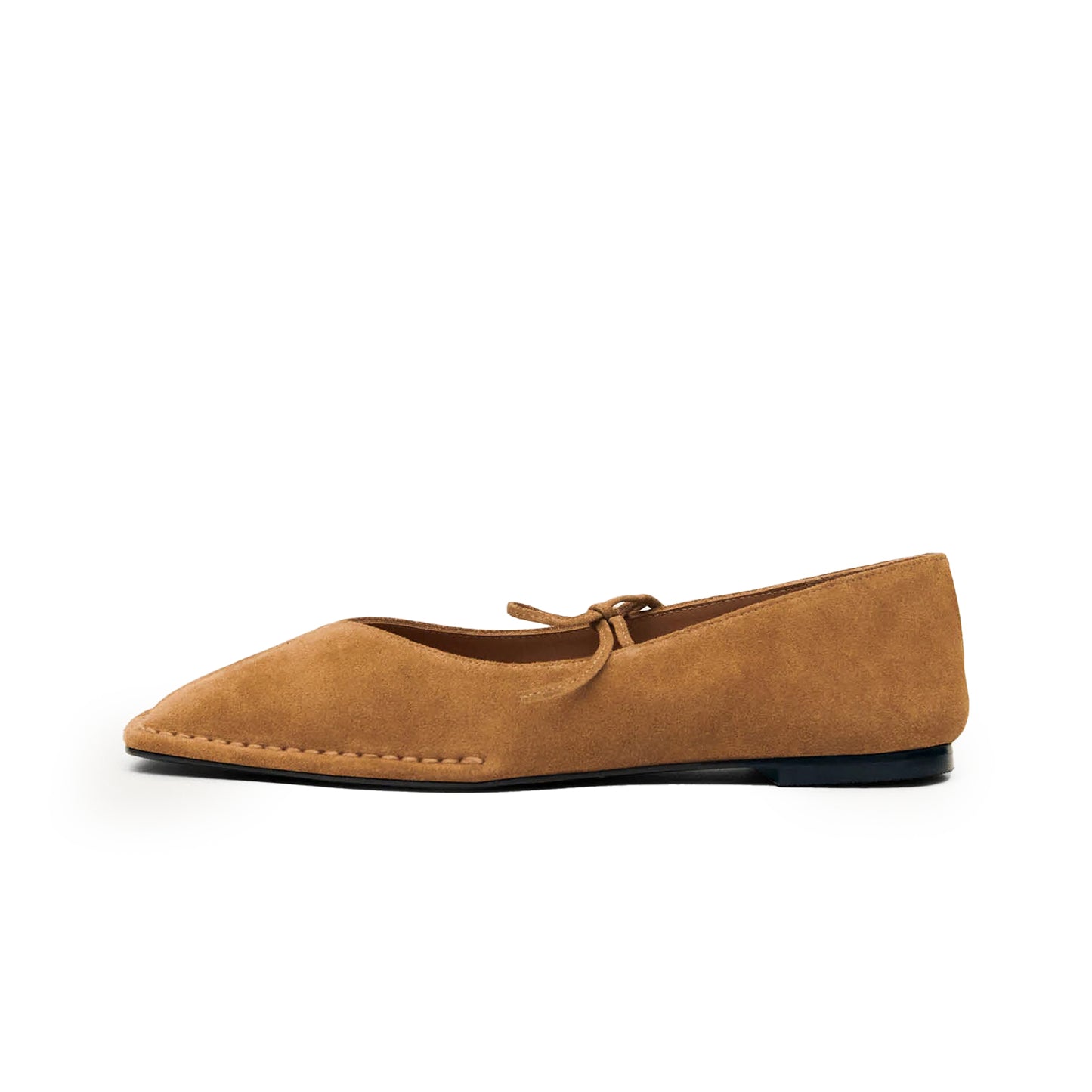 Tan Faux Suede Square-Toe V-Cut Vamps Bridge Self-Tie Bow Ballet Flats