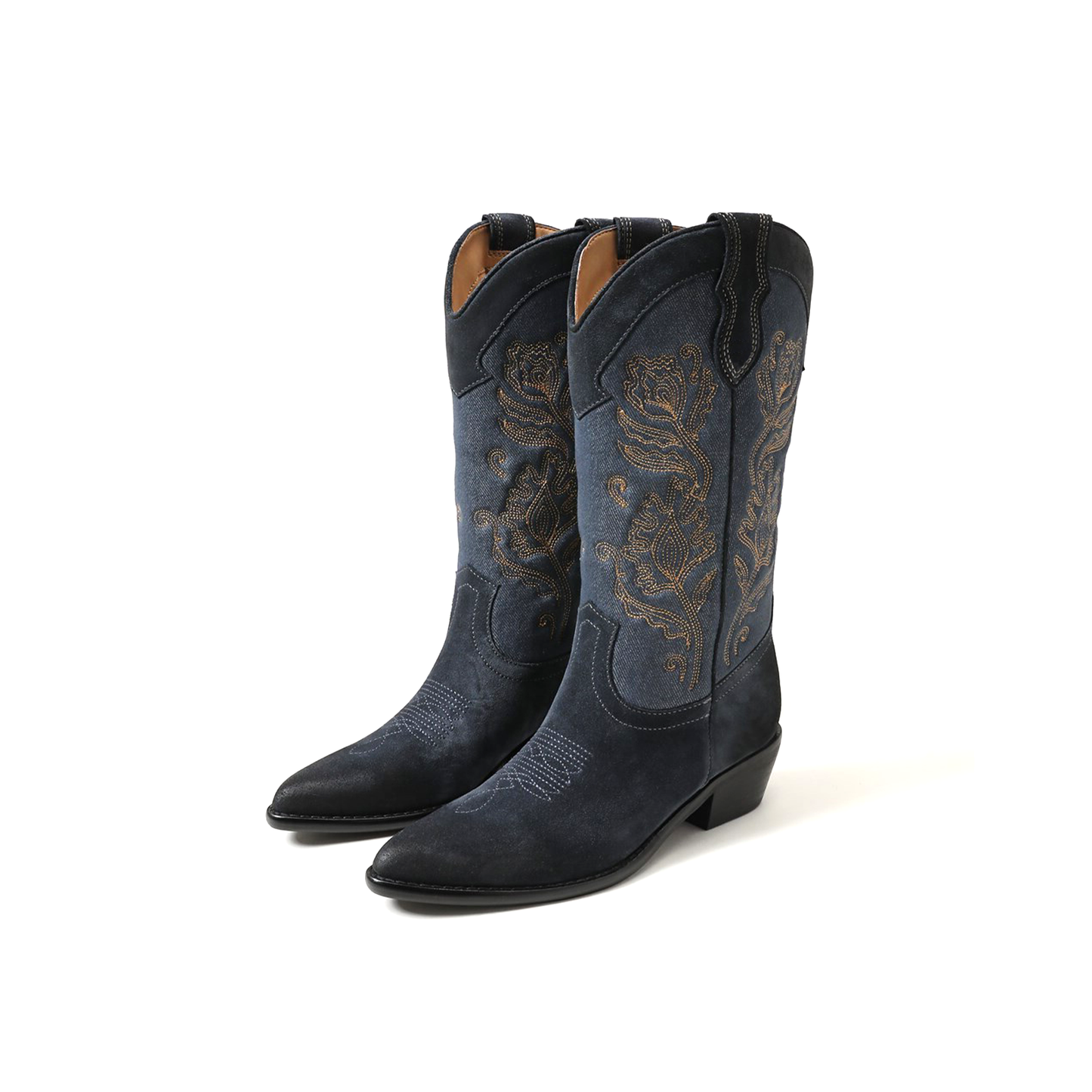 Blue Denim Almond-Toe Flowers Embroidery Mid Calf Cowgirl Boots