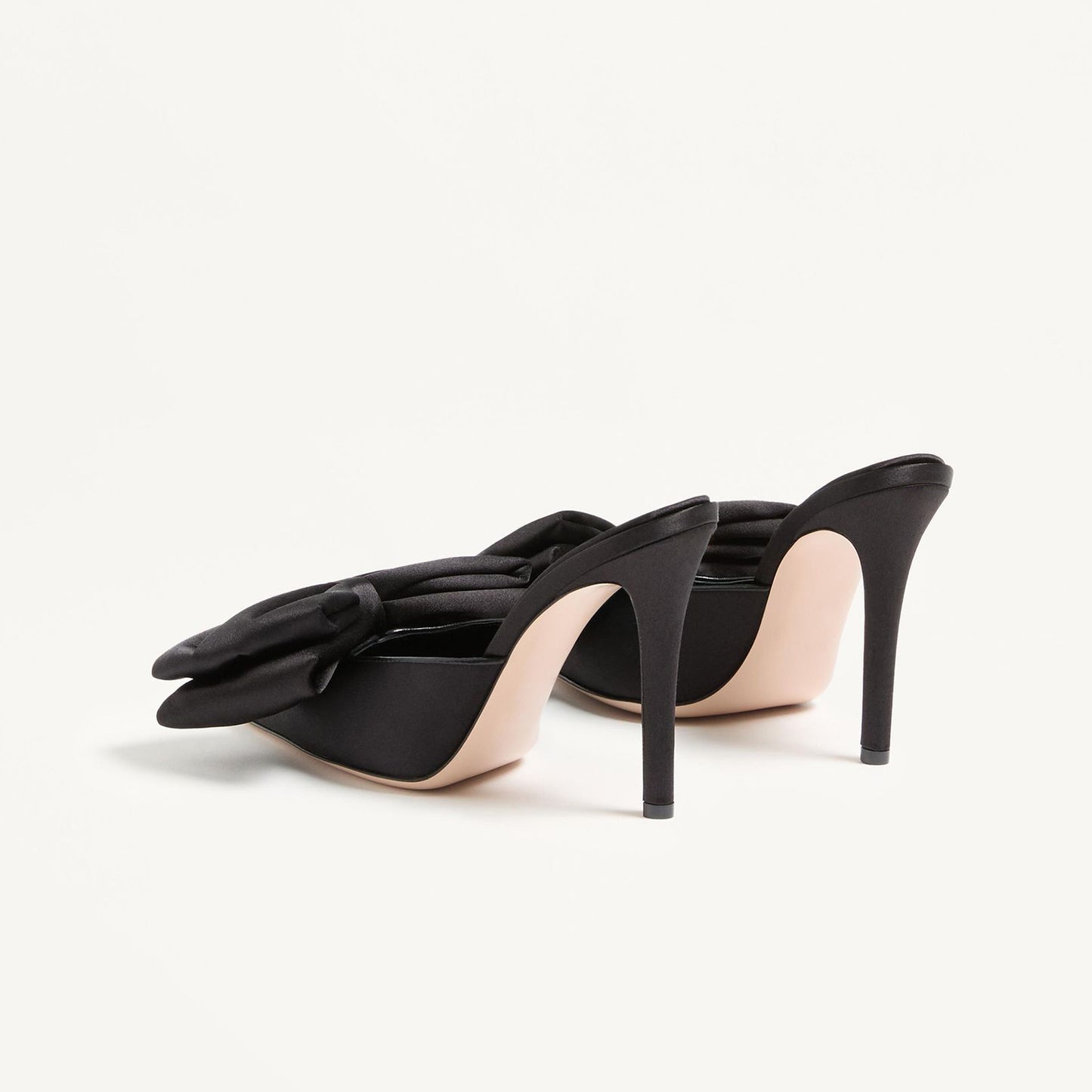 Black Satin Pointed-Toe Big Front Bow Backless Mule High Heels