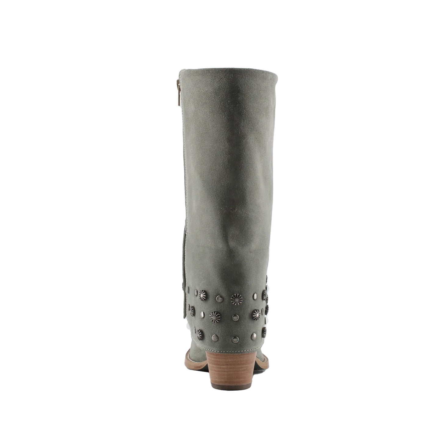 Gray Faux Suede Snip-Toe Studded Fold-Over Full-Zip Mid Calf Cowgirl Boots