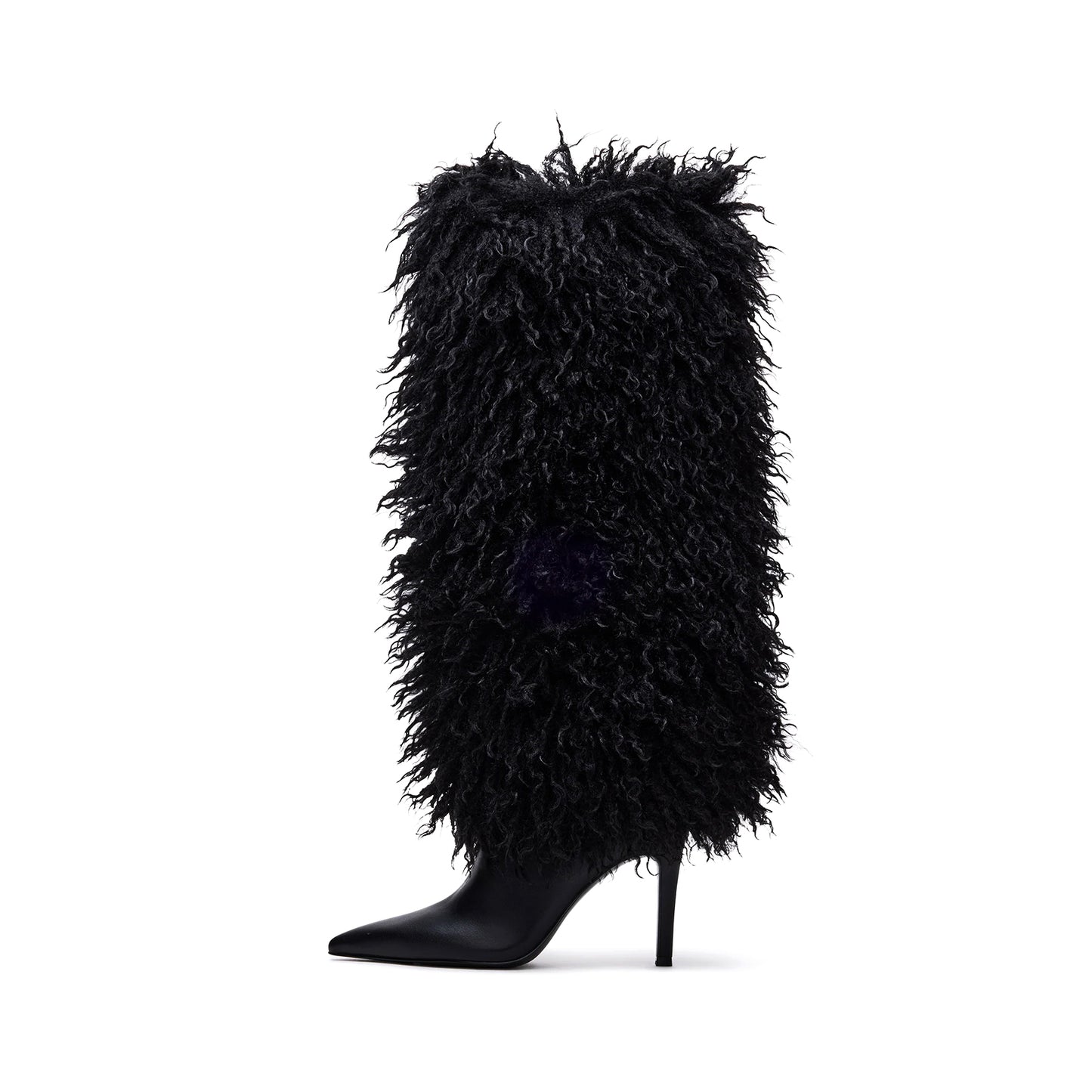 Black Pointed-Toe Full Plush Wide Calf Knee High Stiletto Boots