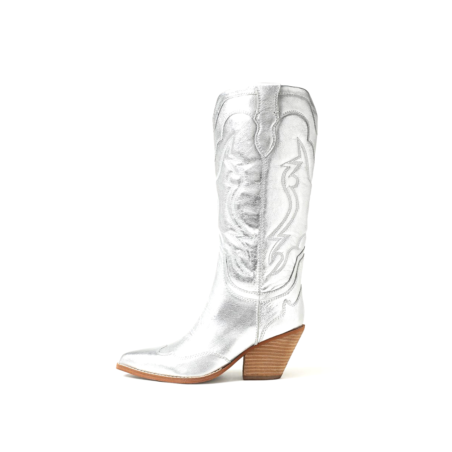 Metallic Silver Pointed-Toe Embroidery Wide Calf Knee High Cowgirl Boots