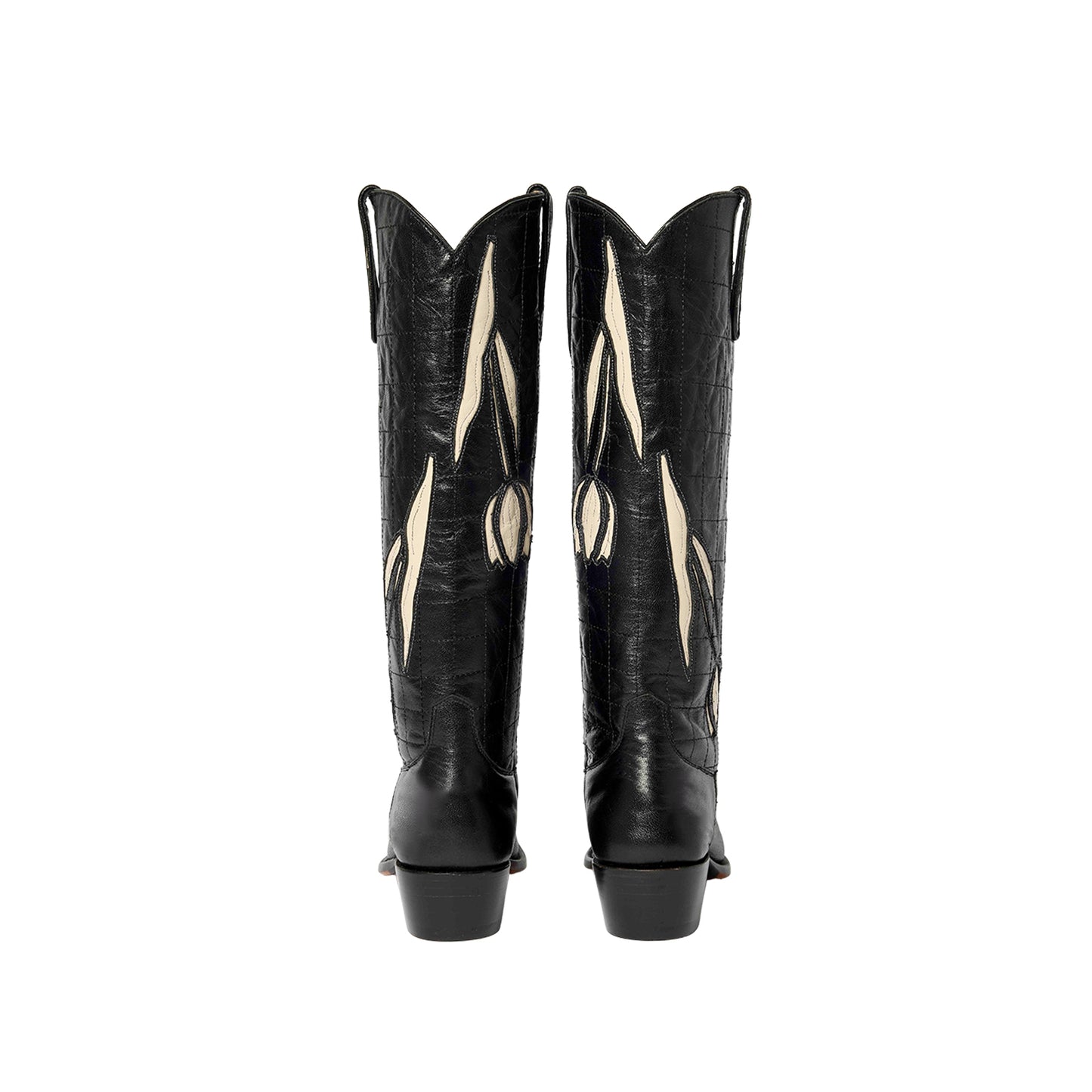 Black Snip-Toe Tulip Inlay Knee High Wide Calf Cowgirl Boots