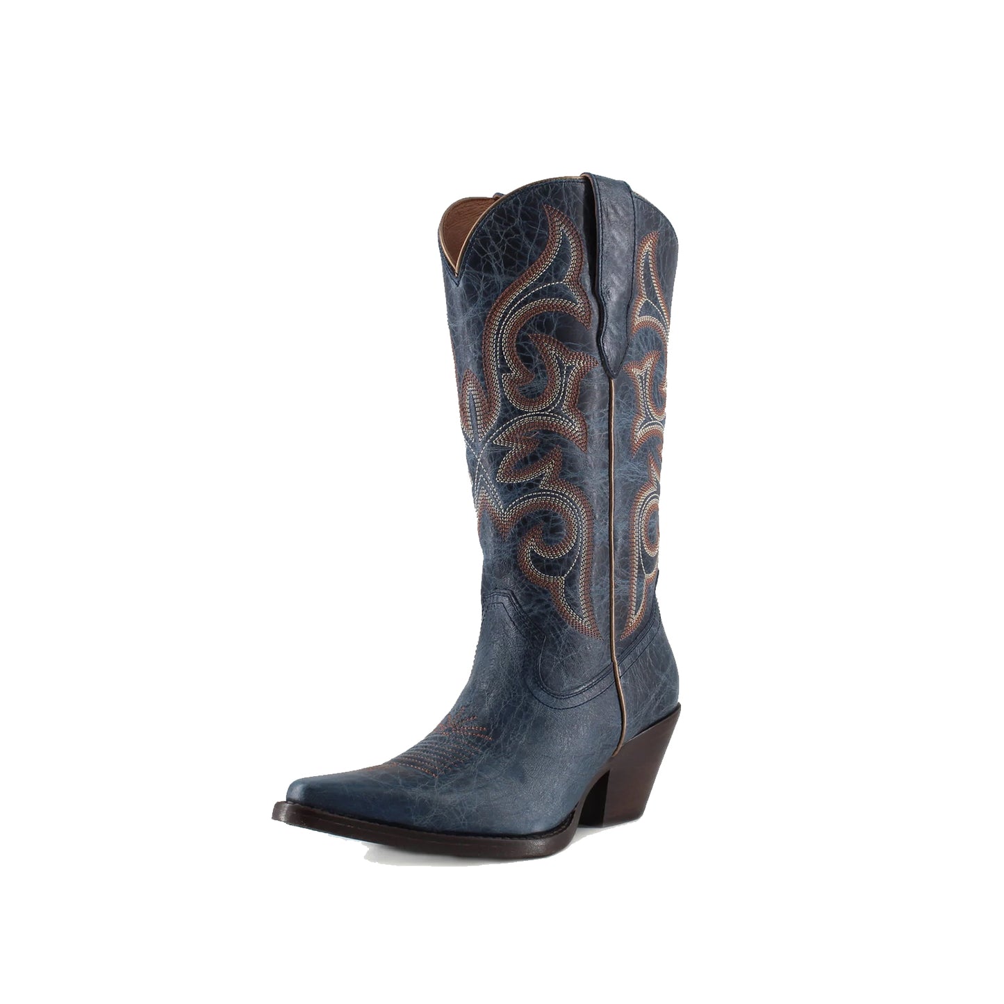 Distressed Dark Blue Snip-Toe Mid Calf Embroidery Cowgirl Boots