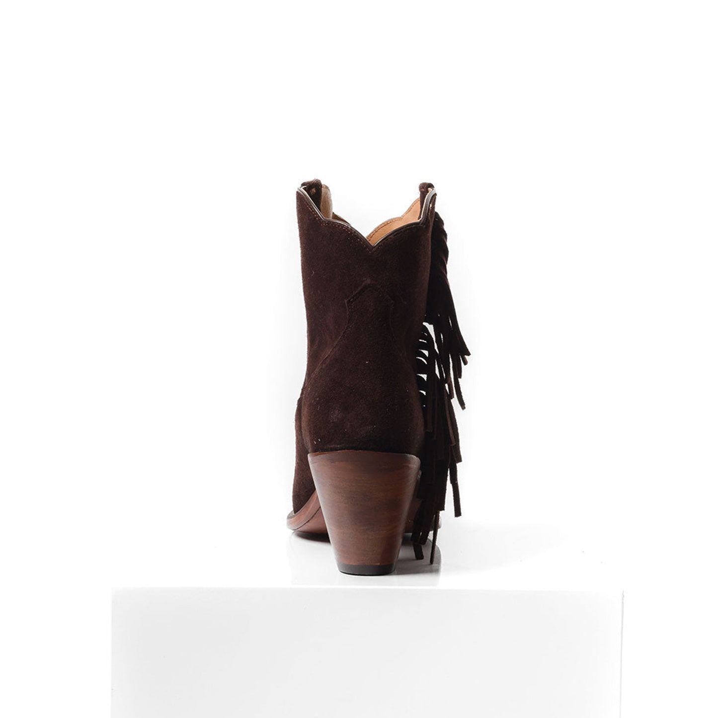 Chocolate Faux Suede Snip-Toe Side Fringe Ankle Cowgirl Boots