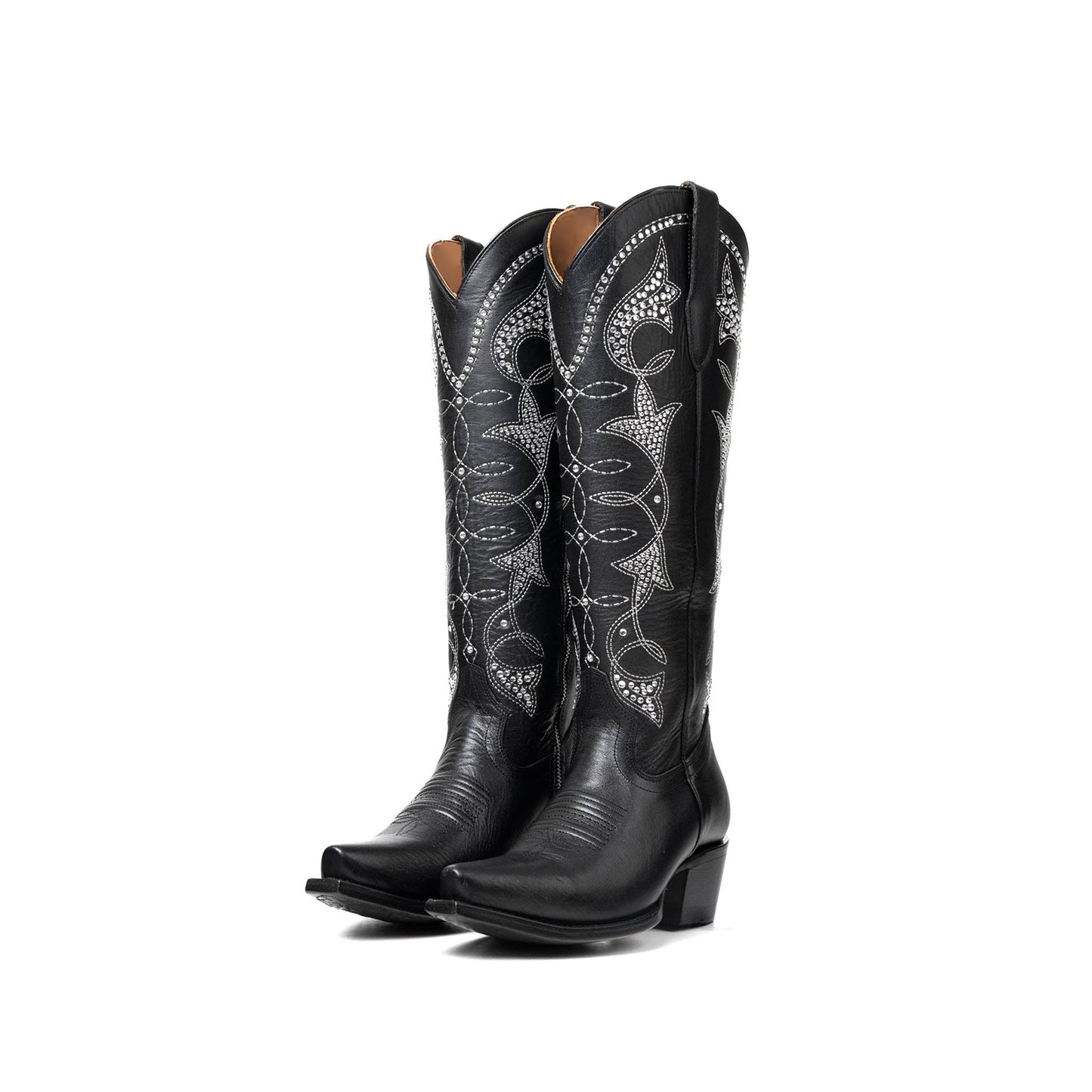 Black Snip-Toe Rhinestone Embroidery Half-Zip Knee High Cowgirl Boots