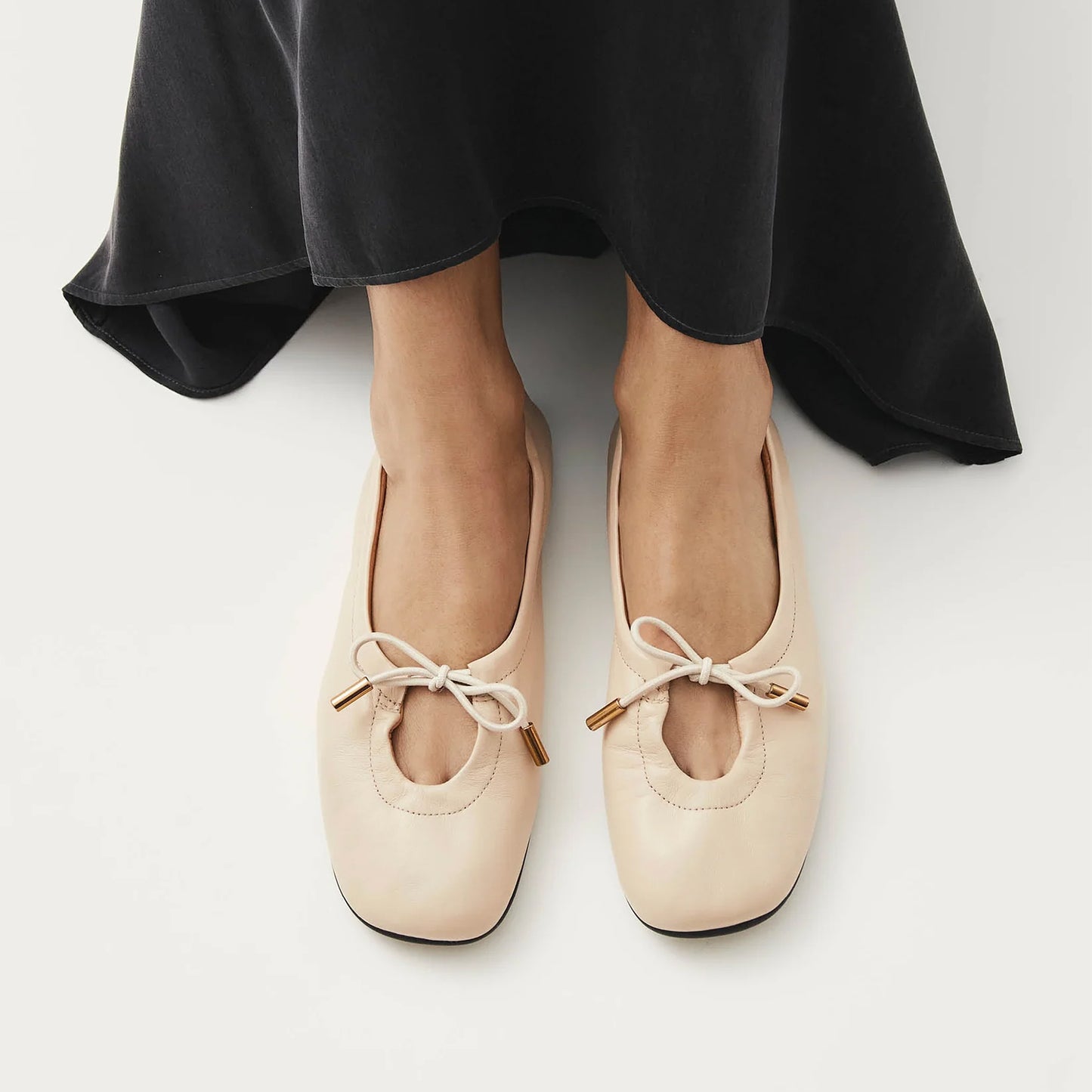 Cream Square-Toe Stretchy Ballet Flats
