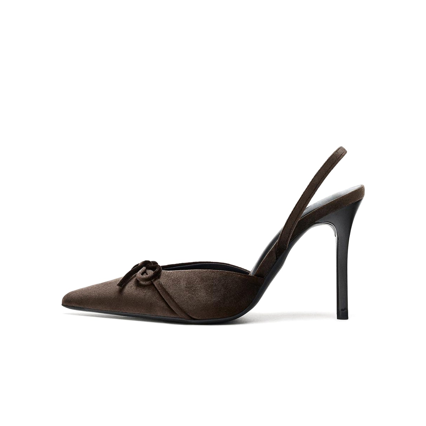 Brown Velvet Pointed-Toe Front Bow Slingback High Heels