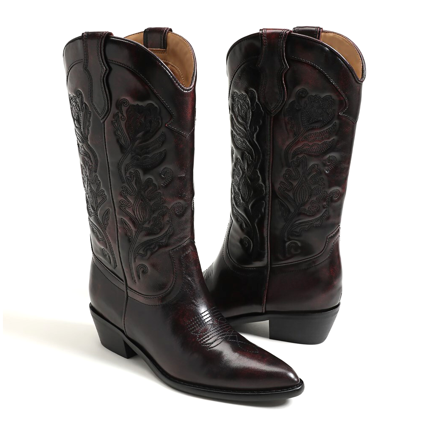 Wine Red Almond-Toe Flowers Embroidery Mid Calf Cowgirl Boots