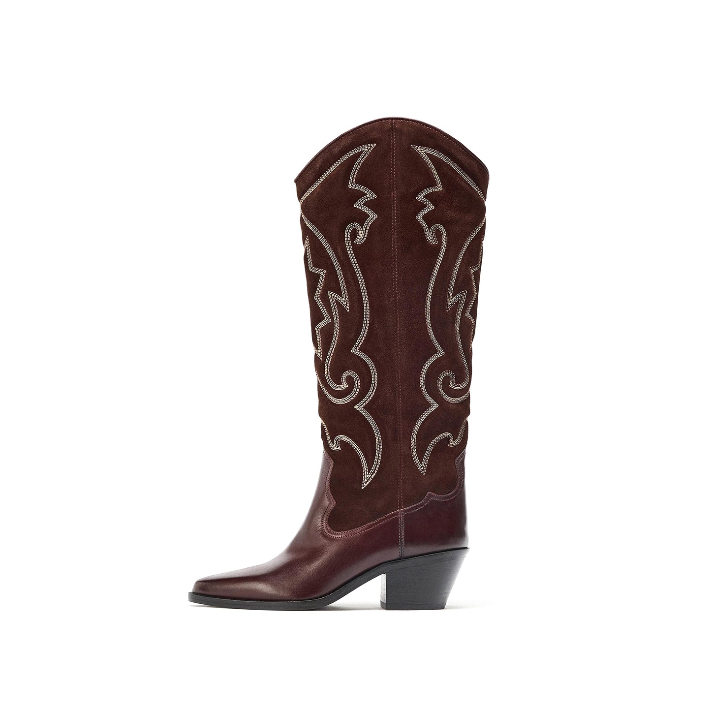 Burgundy Pointed-Toe Embroidery Wide Calf Tall Knee High Cowgirl Boots