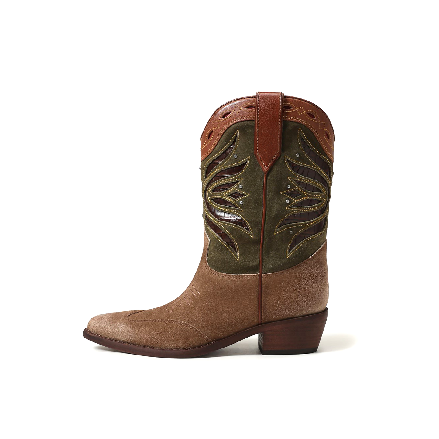 Dark Tan Pointed-Toe Inlays Studded Mid Calf Cowgirl Boots
