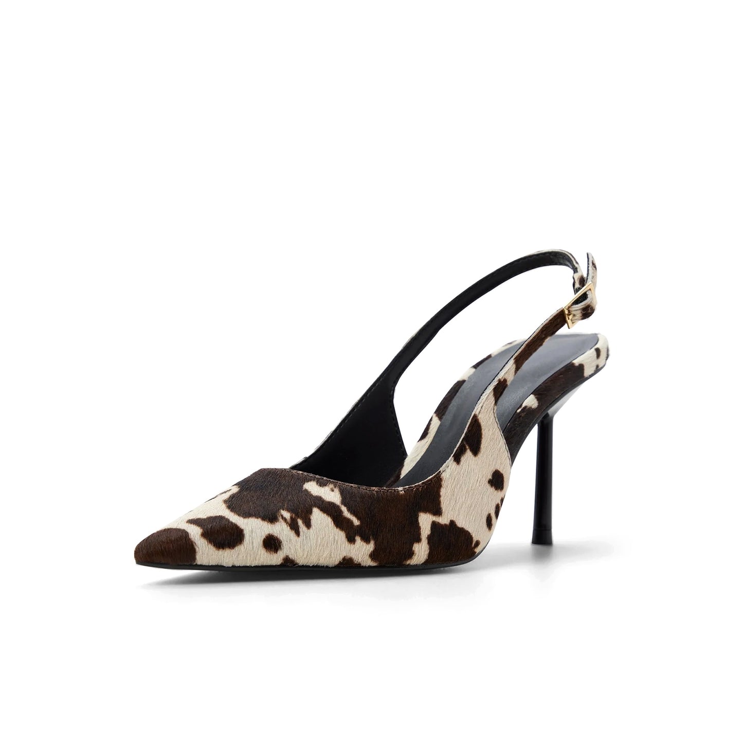 Cow Print Pony Hair Pointed-Toe Slingback Kitten Heels