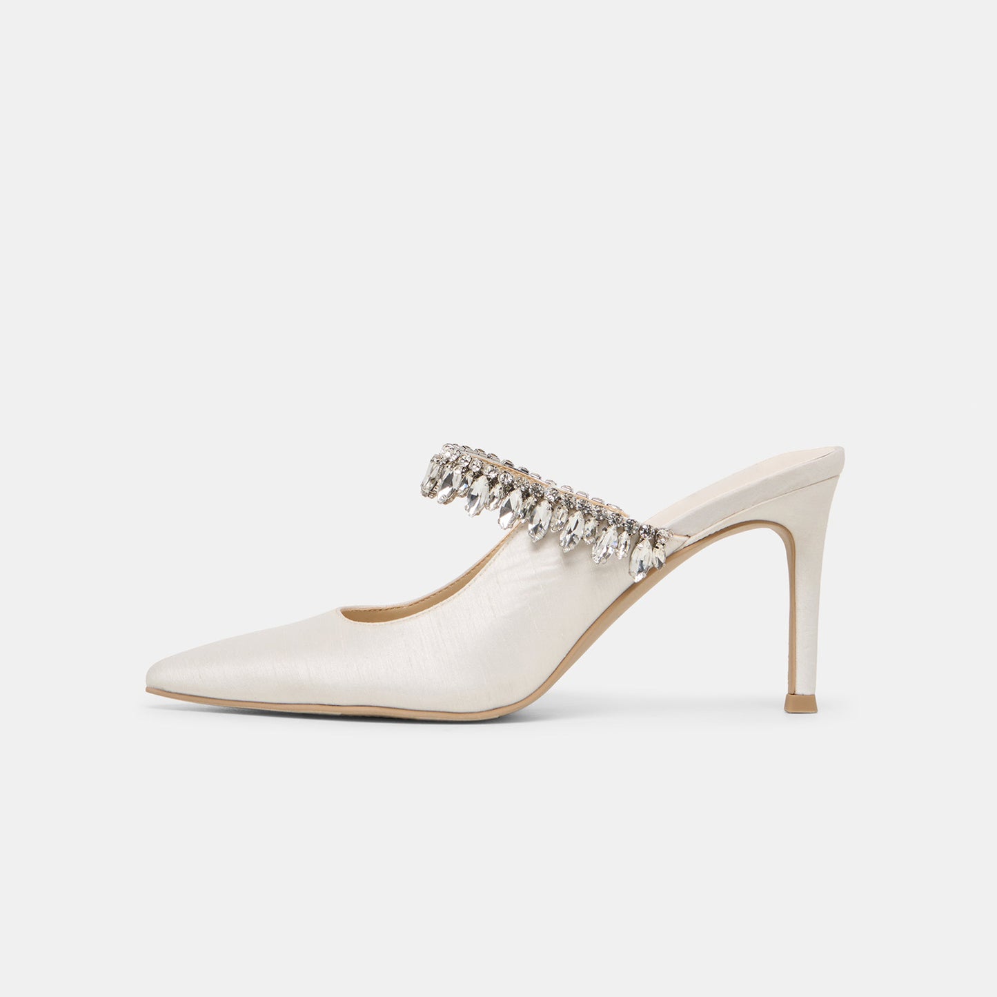 White Satin Pointed-Toe Slip-On Bridge Crystal Fringe Kitten Heels