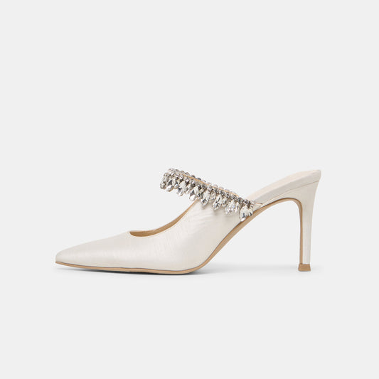 White Satin Pointed-Toe Slip-On Bridge Crystal Fringe Kitten Heels