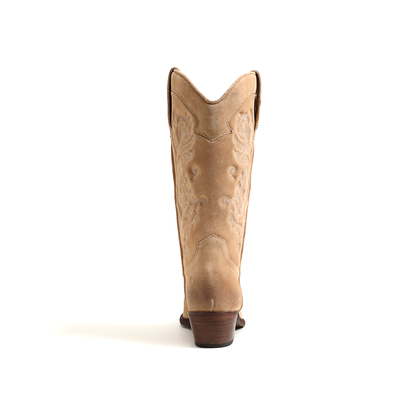 Tan Faux Suede Almond-Toe Flowers Embroidery Mid Calf Cowgirl Boots