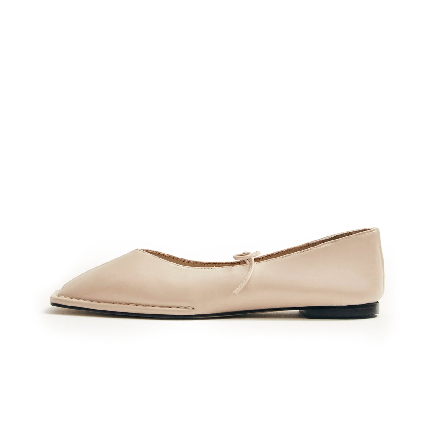 Cream Square-Toe V-Cut Vamps Bridge Self-Tie Bow Ballet Flats