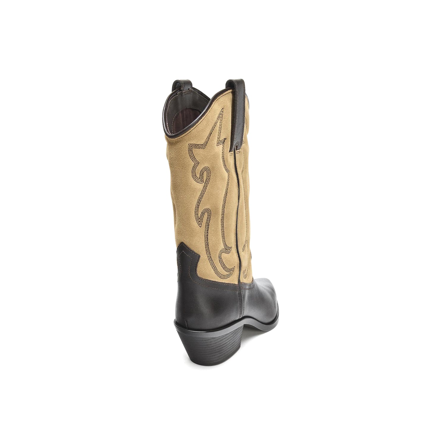 Contrast Tan And Black Pointed-Toe Embroidery Mid Calf Cowgirl Boots