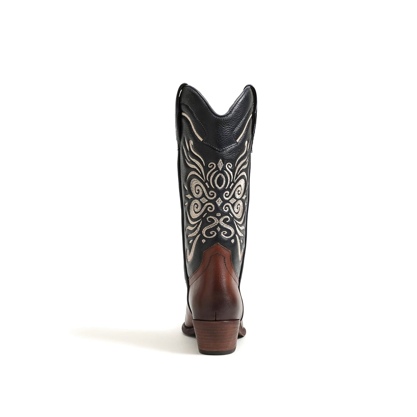 Contrast Black And Brown Pointed-Toe Chic Embroidery Mid Calf Cowgirl Boots