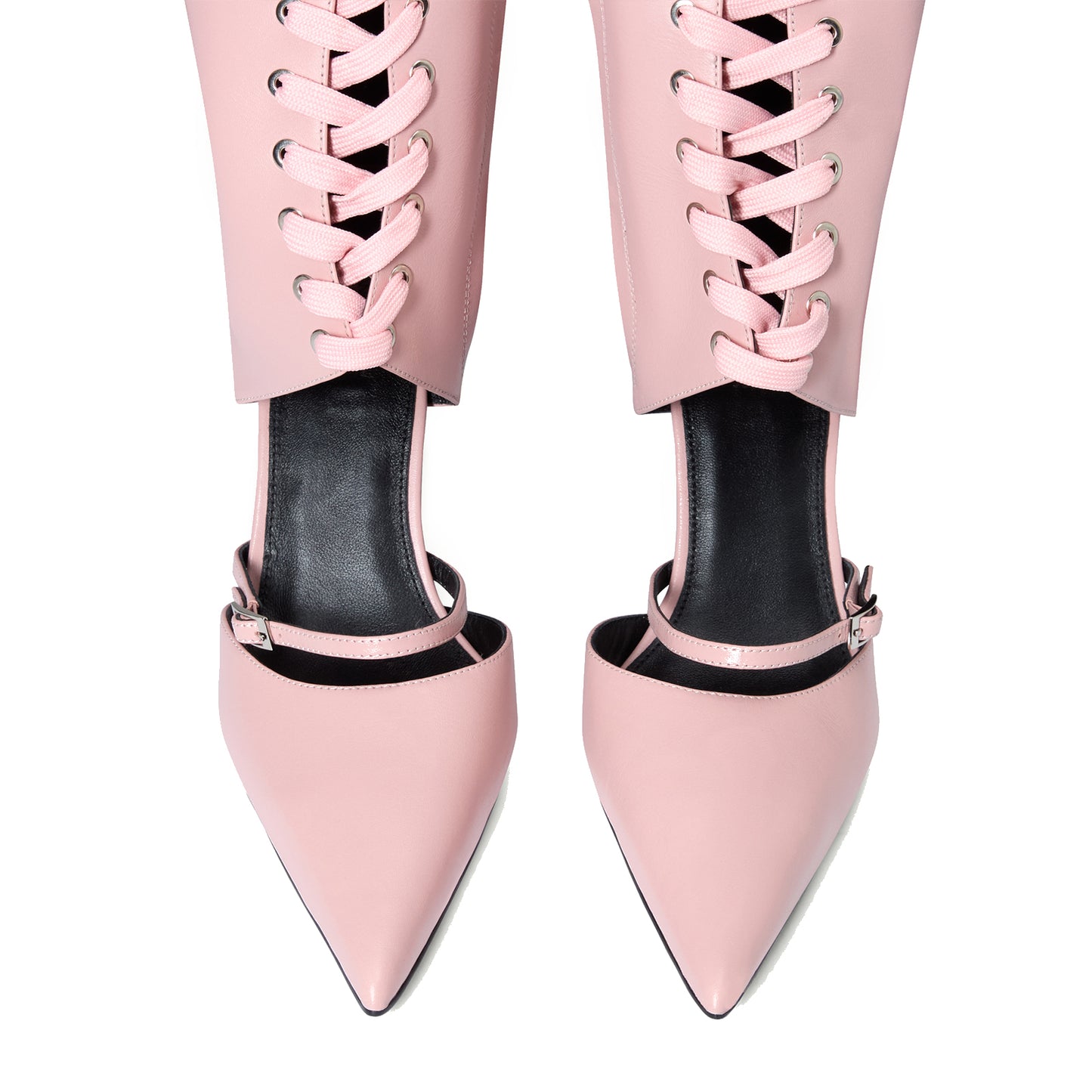 Pink Pointed-Toe Front Lace-Up Full-Zip Knee High Stiletto Boots