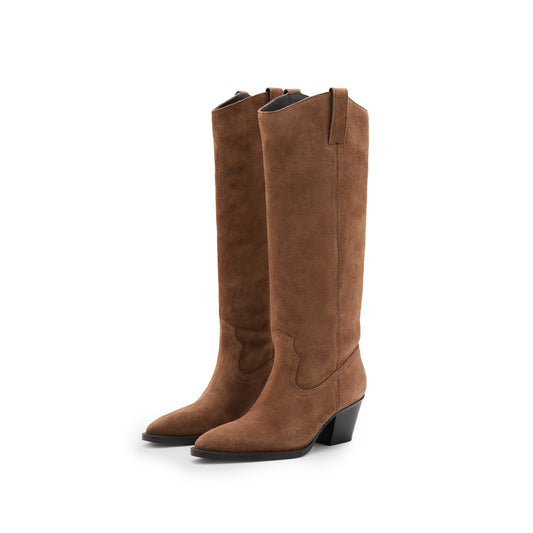 Brown Faux Suede Almond-Toe Simple Wide Calf Knee High Cowgirl Boots